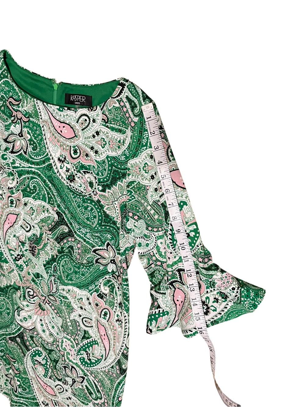 Kasper Printed Ruffle-Sleeve Sheath Green Paisley Print Dress artsy office sz 12 - Picture 9 of 16